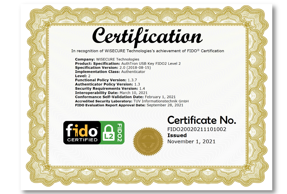 WiSECURE 安全金鑰取得 FIDO2 Level 2 認證